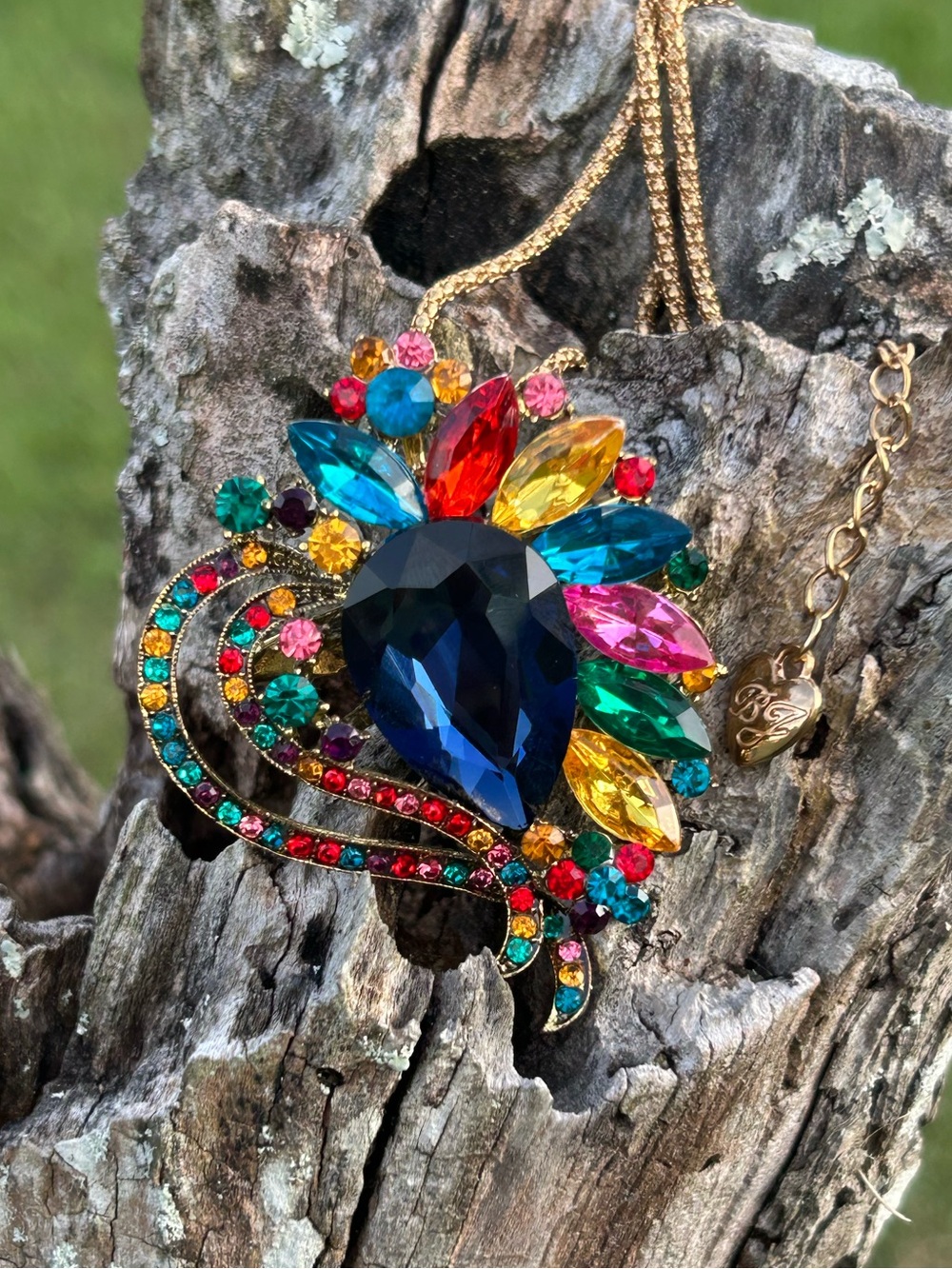 Vibrant Multicolor Crystal & Rhinestone Statement Brooch with Gold-Tone Chain